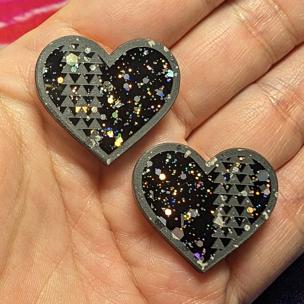 1" Black Thunder-Heart Glitter Cabochons - S224