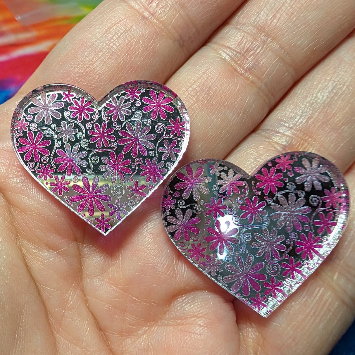 1" Pink Floral Heart Mirror Cabochon - S105