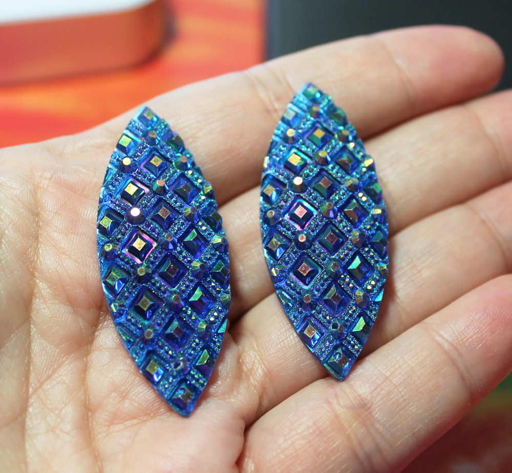 Cobalt Blue AB Studded Navette Resin sew on Gems - S191