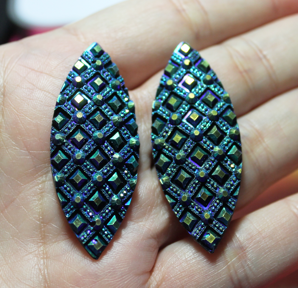 Dark Blue AB Studded Navette Resin Sew On Gems - S187