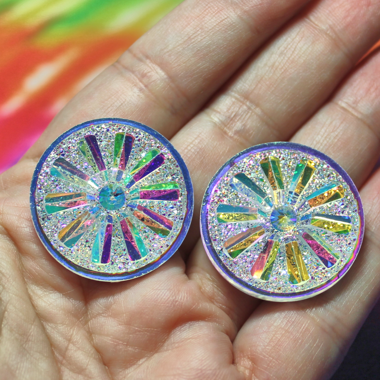 Clear AB Resin Round Sunburst Cabochon Gems - S3