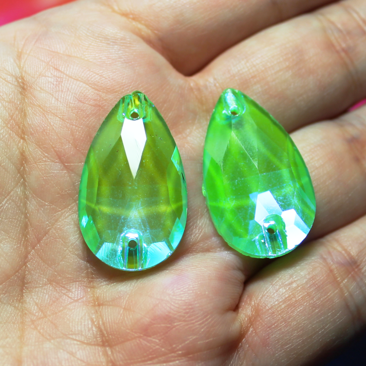 17x28mm (1 pr) Neon/Black Light Sensitive Lime AB Glass Teardrop Rhinestones - C245