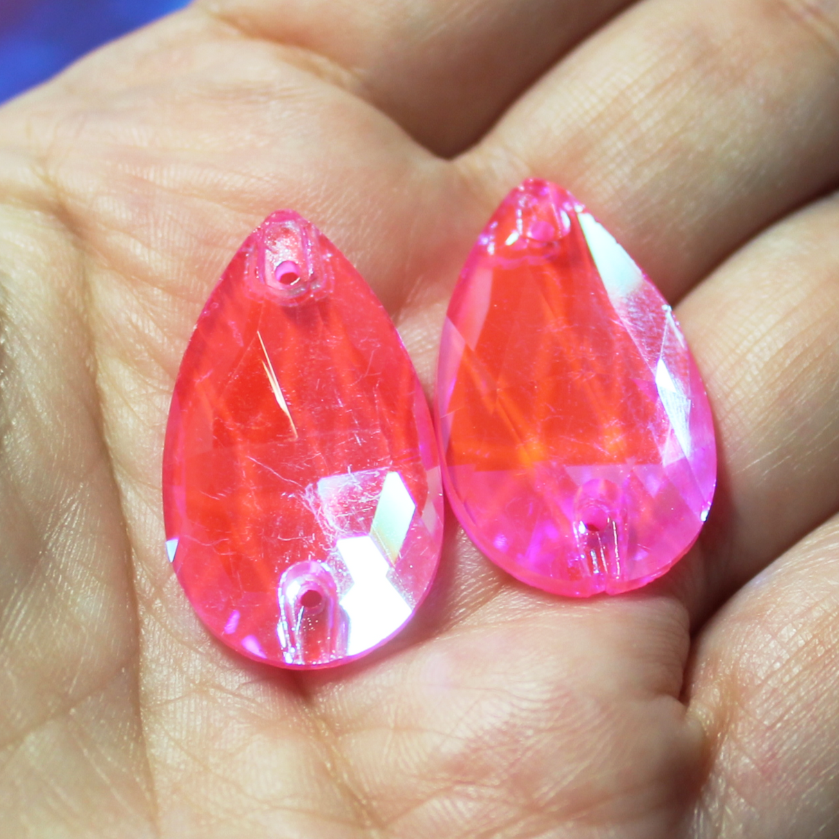 17x28mm (1 pr) Neon/Black Light Sensitive Pink AB Glass Teardrop Rhinestones - C248