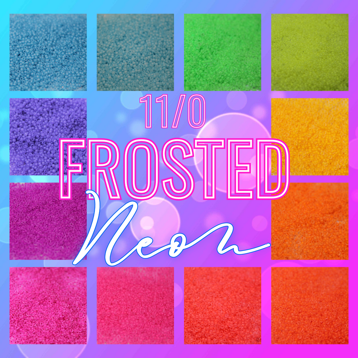 This set includes 12 (30 gram) tubes of size 11/0 Frosted Neon seed beads.
Colors included:
F206C - Frosted Lemonade
F206B - Frosted Lime Slime
F205 - Frosted Orange Sherbet
F206 - Frosted Cool Cantaloupe
F206A - Frosted Funky Flamingo
F207A - Frosted Plastic Pink
F209D - Frosted Radical Raspberry
F209C - Frosted Snozzberry
F221 - Frosted Ocean Water
F221A - Frosted Electric Blue
F222A - Frosted Groovy Grape
F202A - Frosted Sunshine 