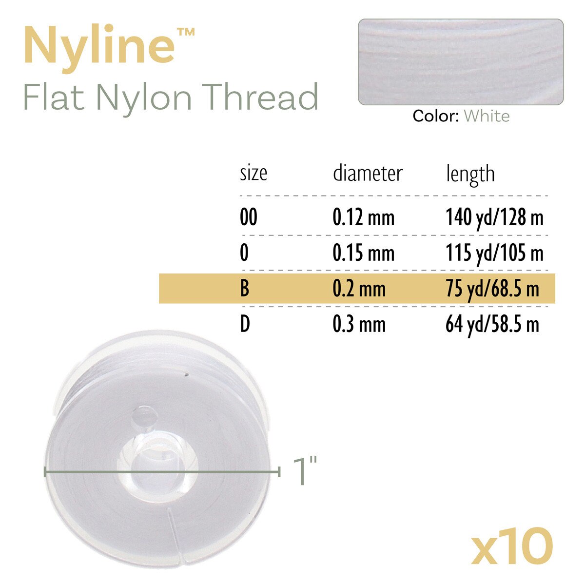 White Nyline - 64 yard Bobbin D - 10 pack
