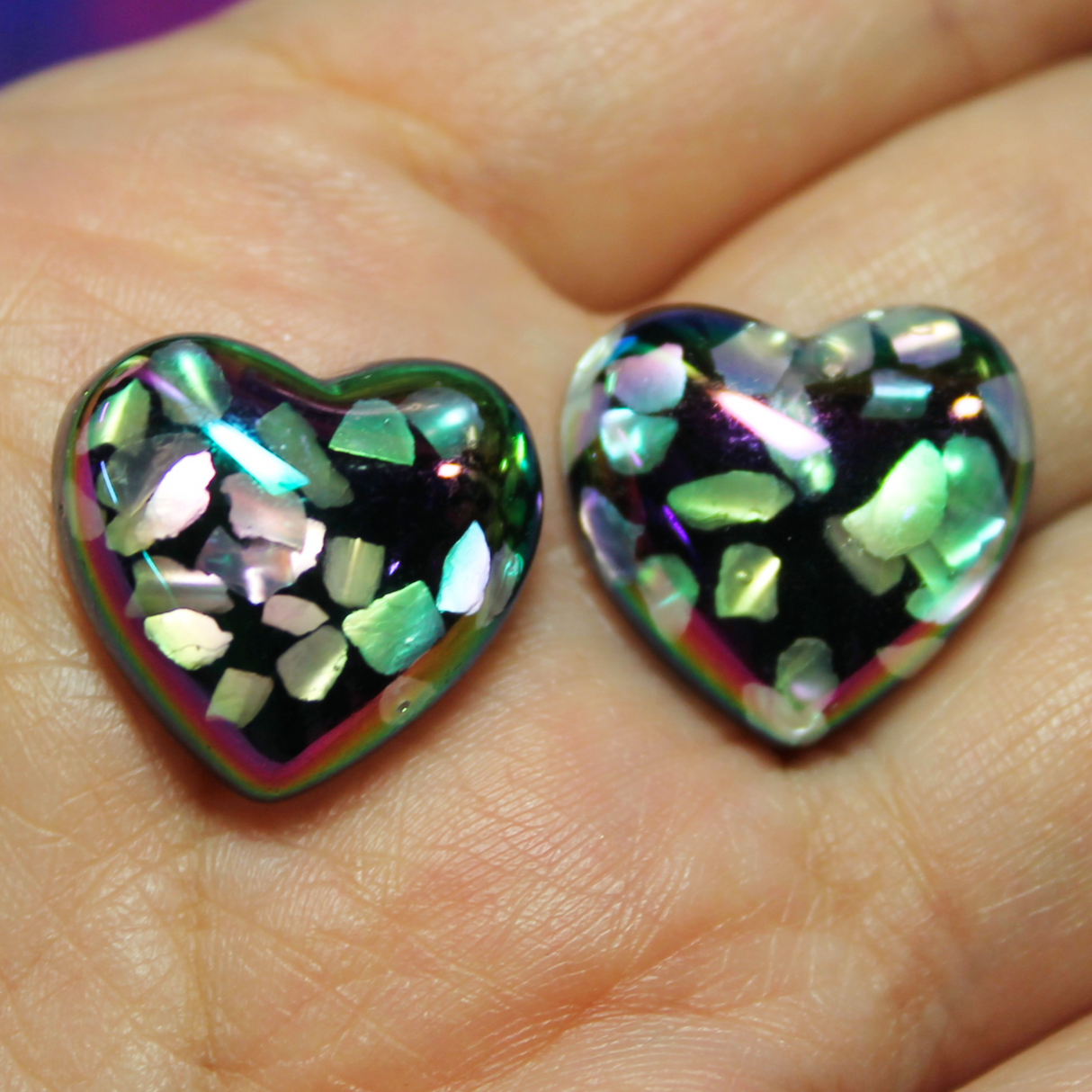 Black Heart Resin & Shell AB Cabochons - S143