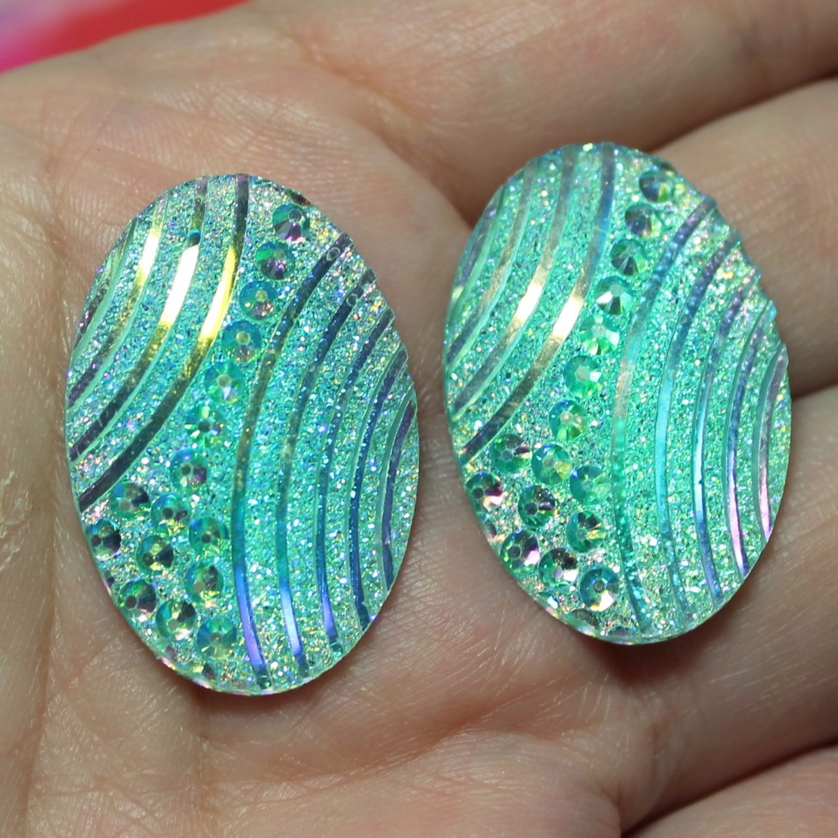Aqua Resin AB Swirl Oval Gems - S159
