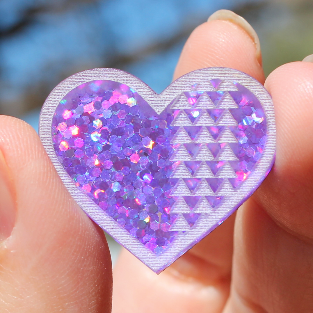 1" Purple Thunder-Heart Glitter Cabochons - S4