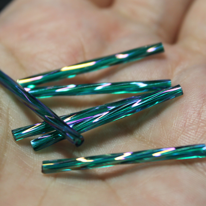 30mm Twisted Bugles - Transparent Emerald Rainbow - T30A
