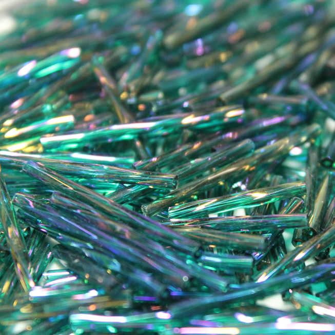 30mm Twisted Bugles - Transparent Emerald Rainbow - T30A