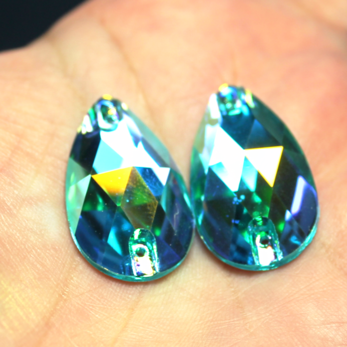 17x28mm (1 pr) SuperShine Aquamarine Glass AB Teardrop Rhinestones - C215
