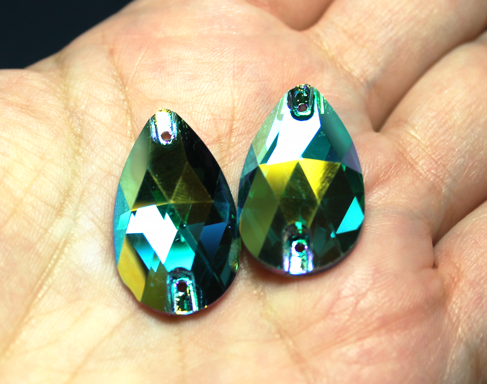 17x28mm (1 pr) SuperShine Emerald Glass AB Teardrop Rhinestones - C217