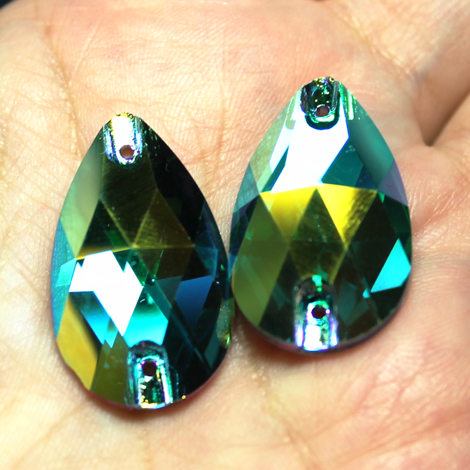 17x28mm (1 pr) SuperShine Emerald Glass AB Teardrop Rhinestones - C217