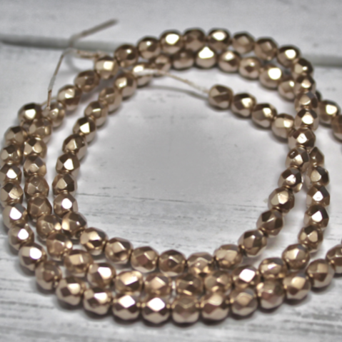 6mm Czech Fire Polished Round Champagne Metallic Pearl, 75 pieces - F601