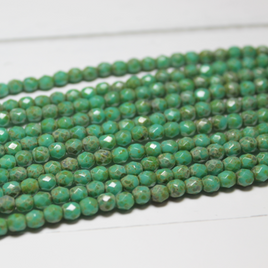 4mm Czech Fire Polished Round Turquoise Green Travertine - F413