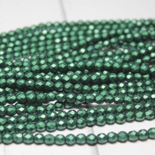 4mm Czech Shield Fire Polished Round Gold Shine Dark Olive Green - F436