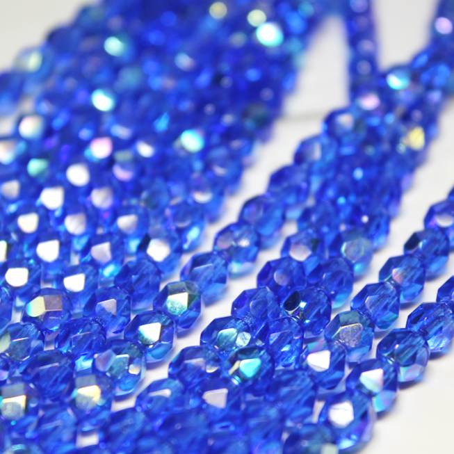 6mm Czech Fire Polished Round Transparent Sapphire Blue AB, 100 pieces - F647A