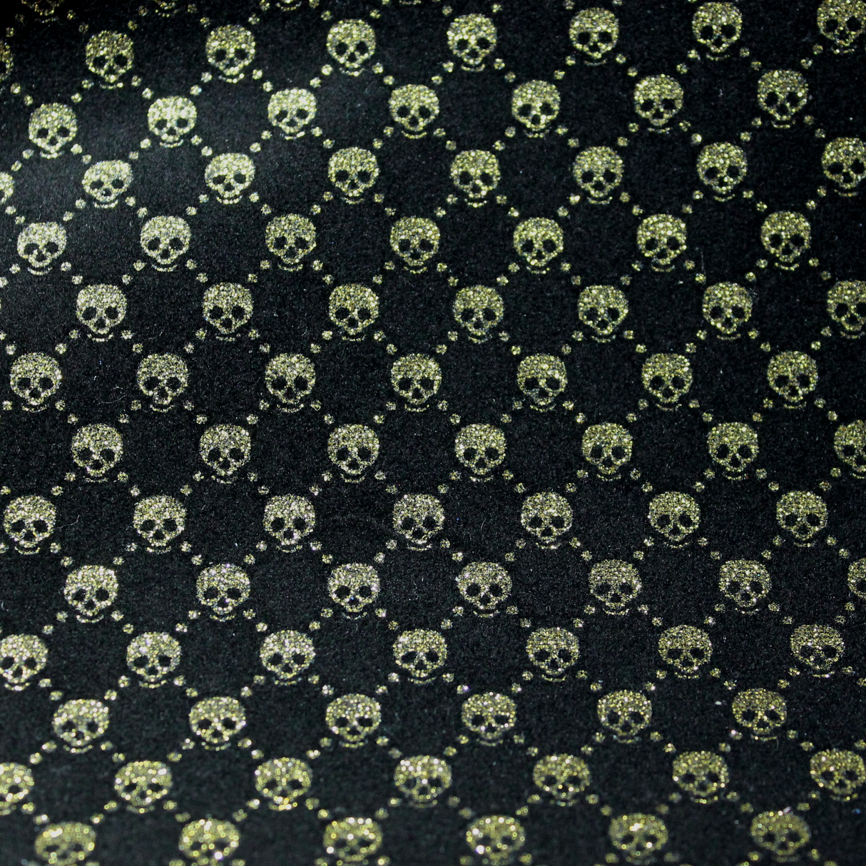 Faux Leather Sheet - Glitter Flocked Velvet Gold on Black Skull - 27