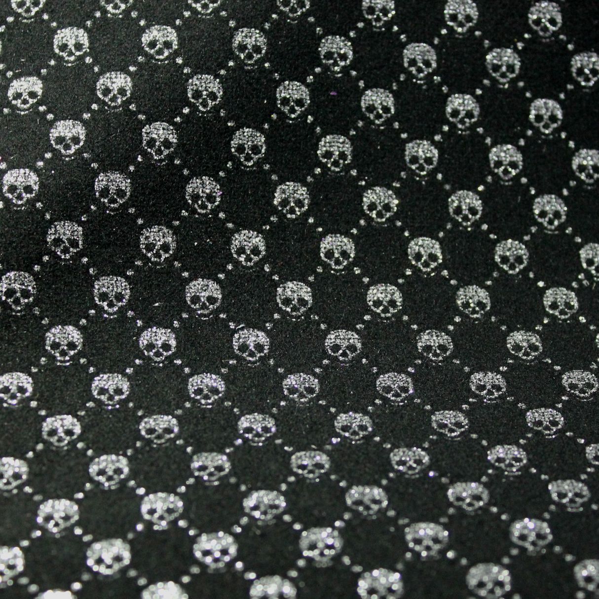 Faux Leather Sheet - Glitter Flocked Velvet Silver on Black Skull - 43