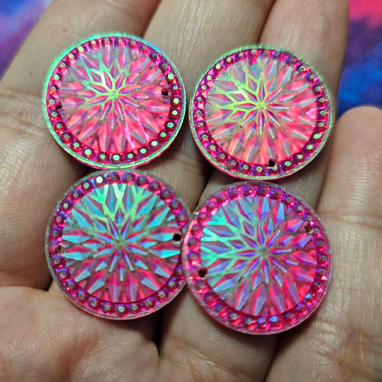 2 pair - 20mm Round Fuchsia Starblanket Resin AB Flatback Sew-On  - S207
