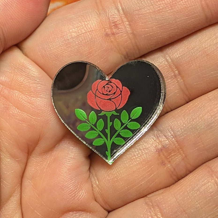 1" Heart Red Rose Mirror - S225