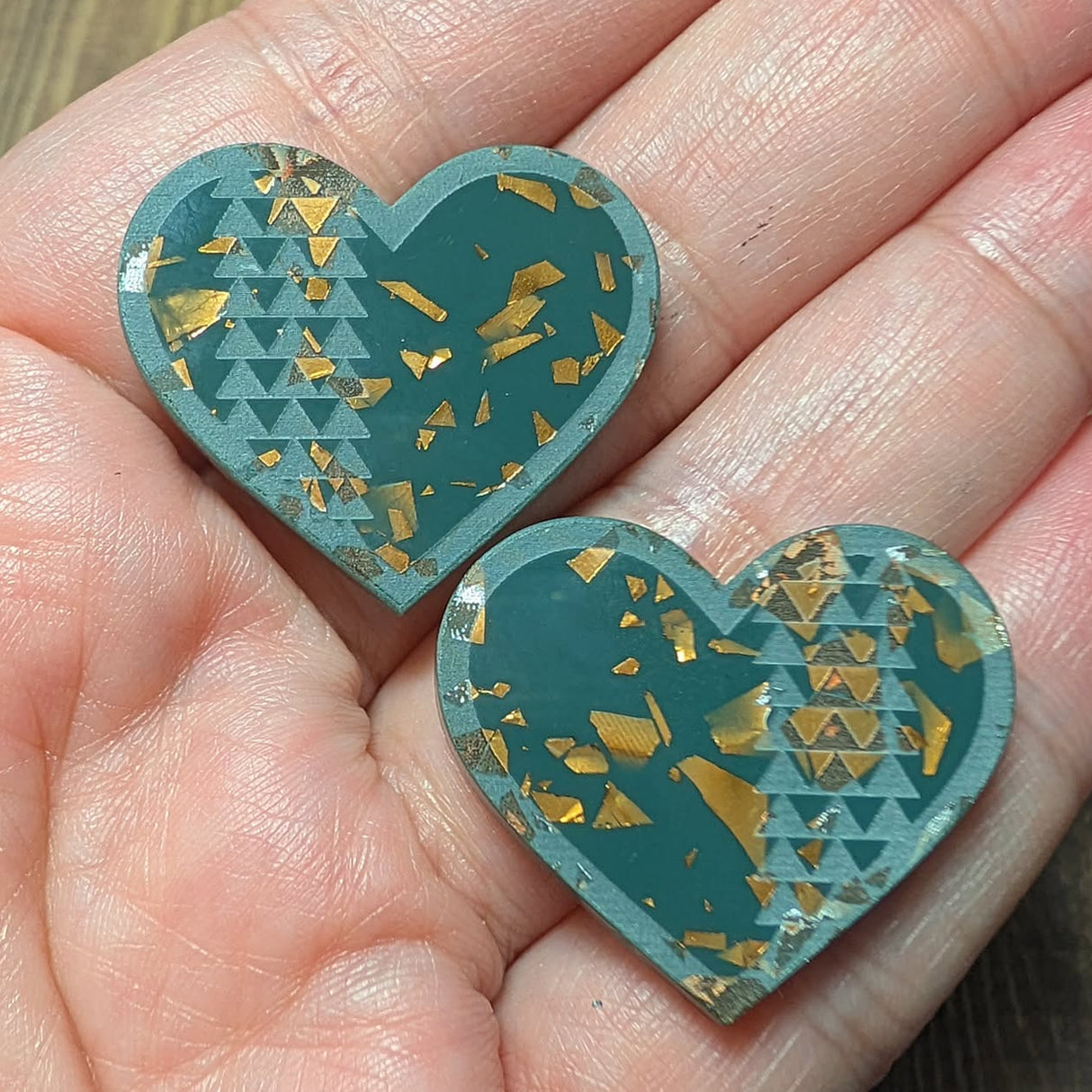 1" Sage & Copper Thunder-Heart Glitter Cabochons - S206