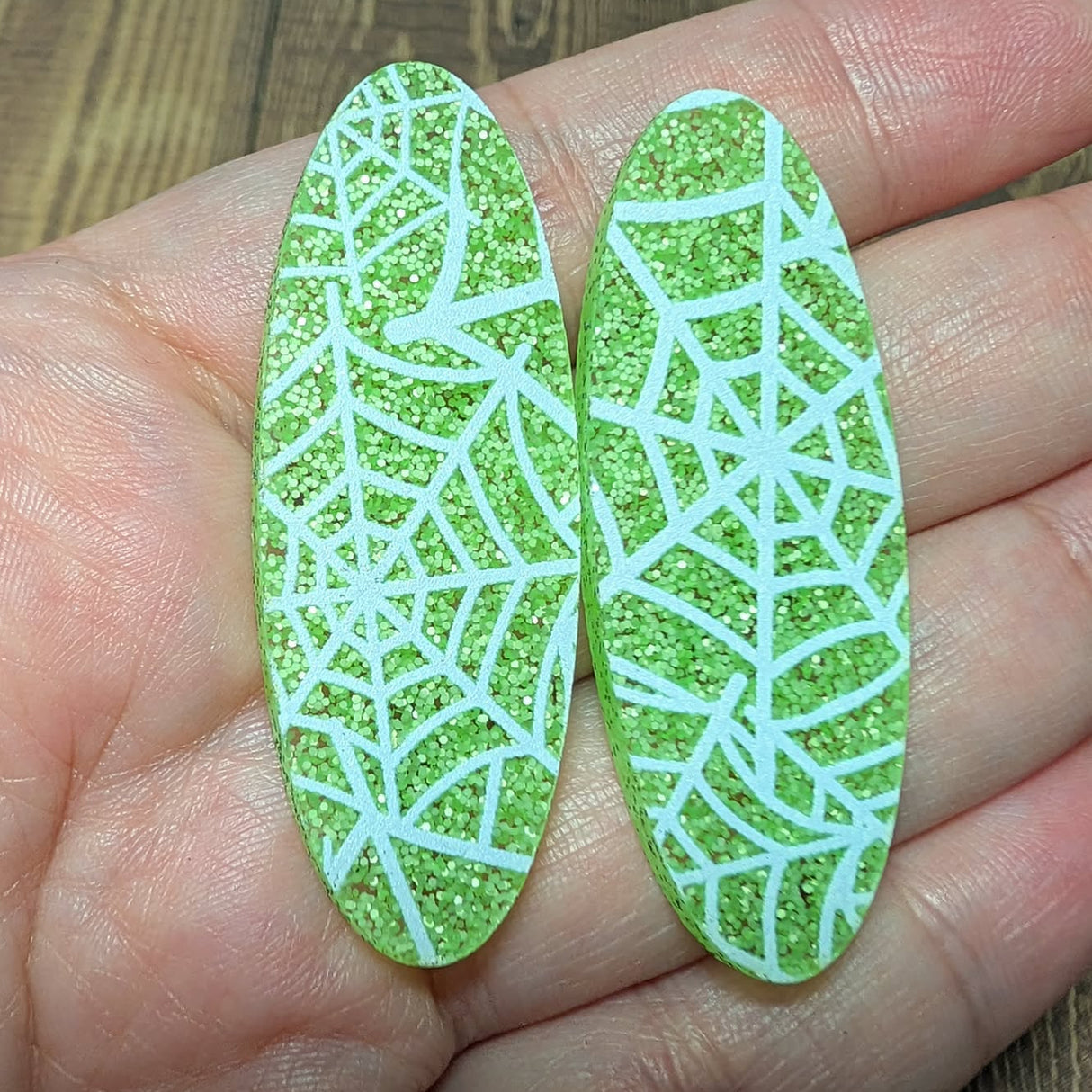 2" Toxic Webs -  Neon Green Glitter Acrylic Oval Cabochons - S219