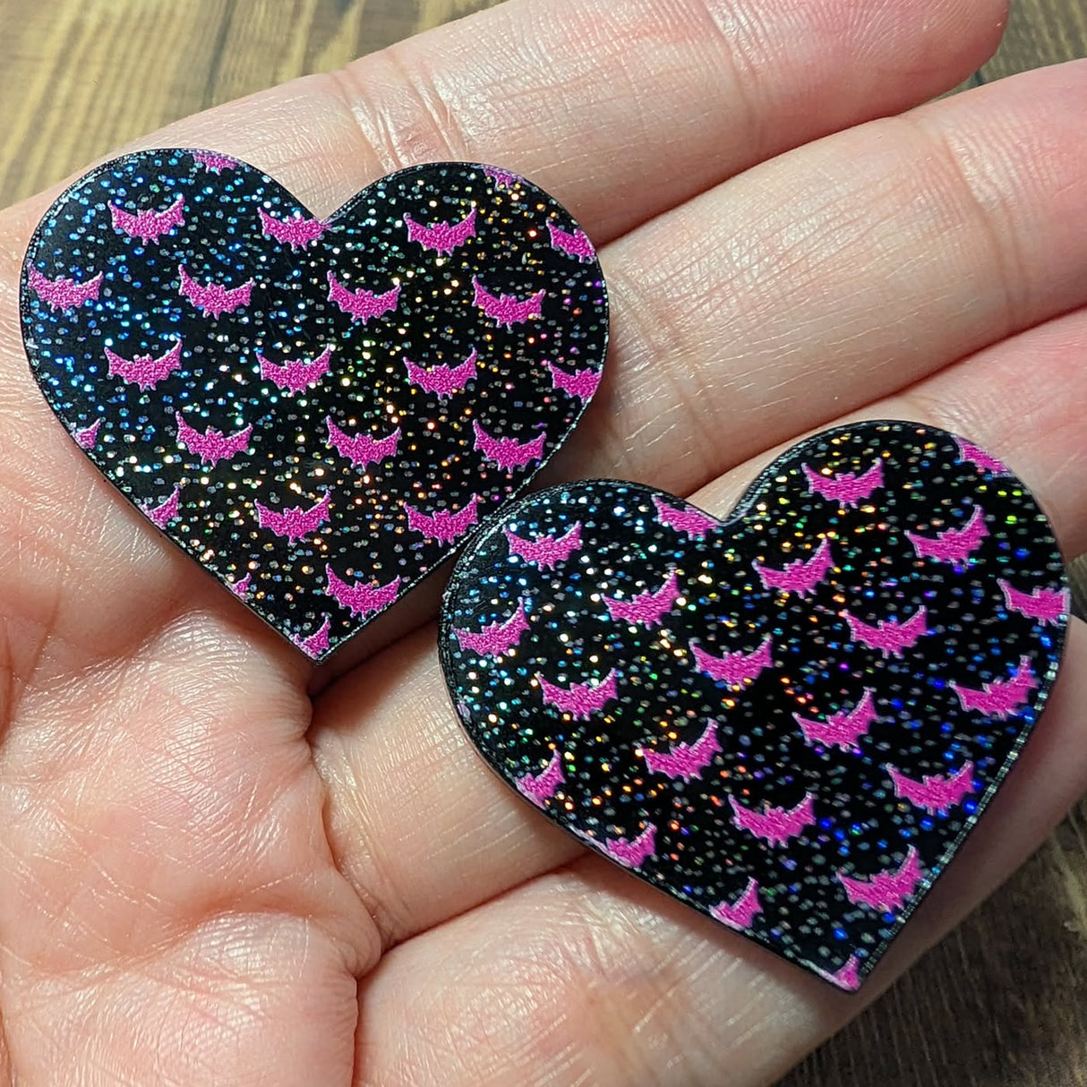 1" Batty For You - Black Holographic Heart Glitter Cabochons - S236