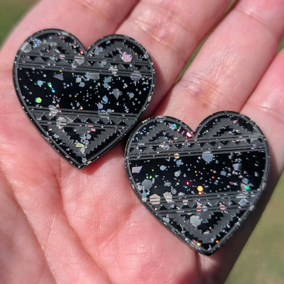 1 1/4" Black Love Basket Heart Glitter Cabochons - P136
