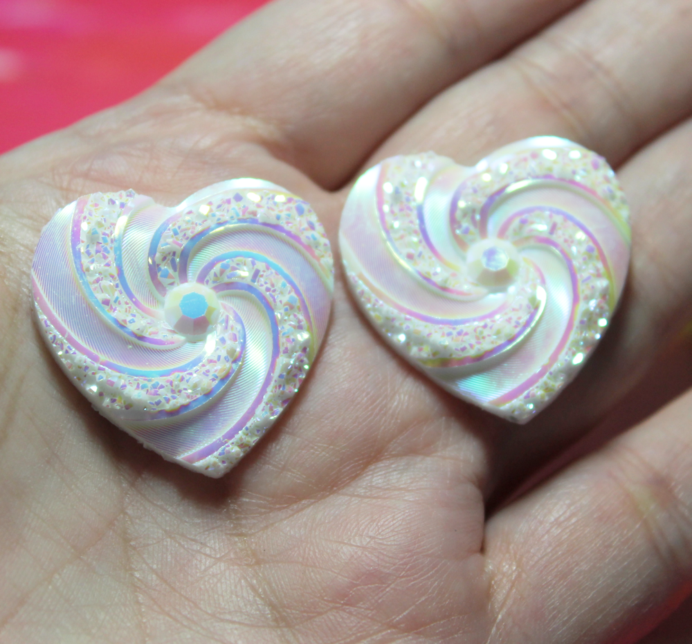 White AB Swirl Heart Resin Flatback Gems - A36