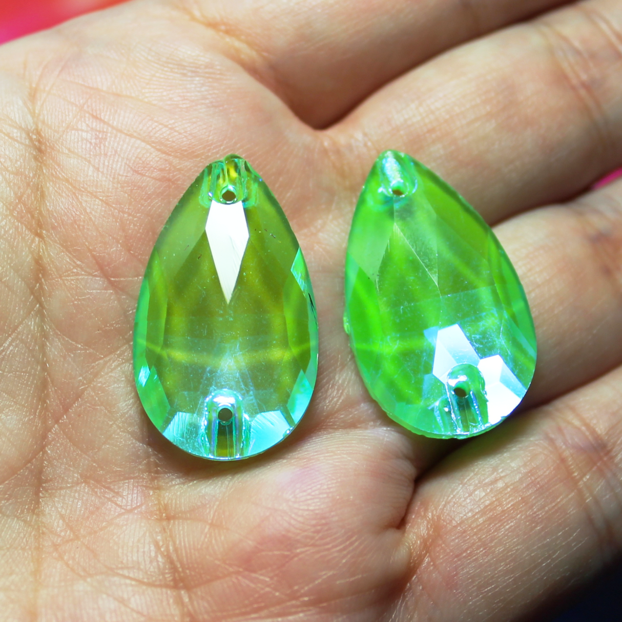 17x28mm  (1 pr) Neon/Black Light Sensitive Lime AB Glass Teardrop Rhinestones  - C245