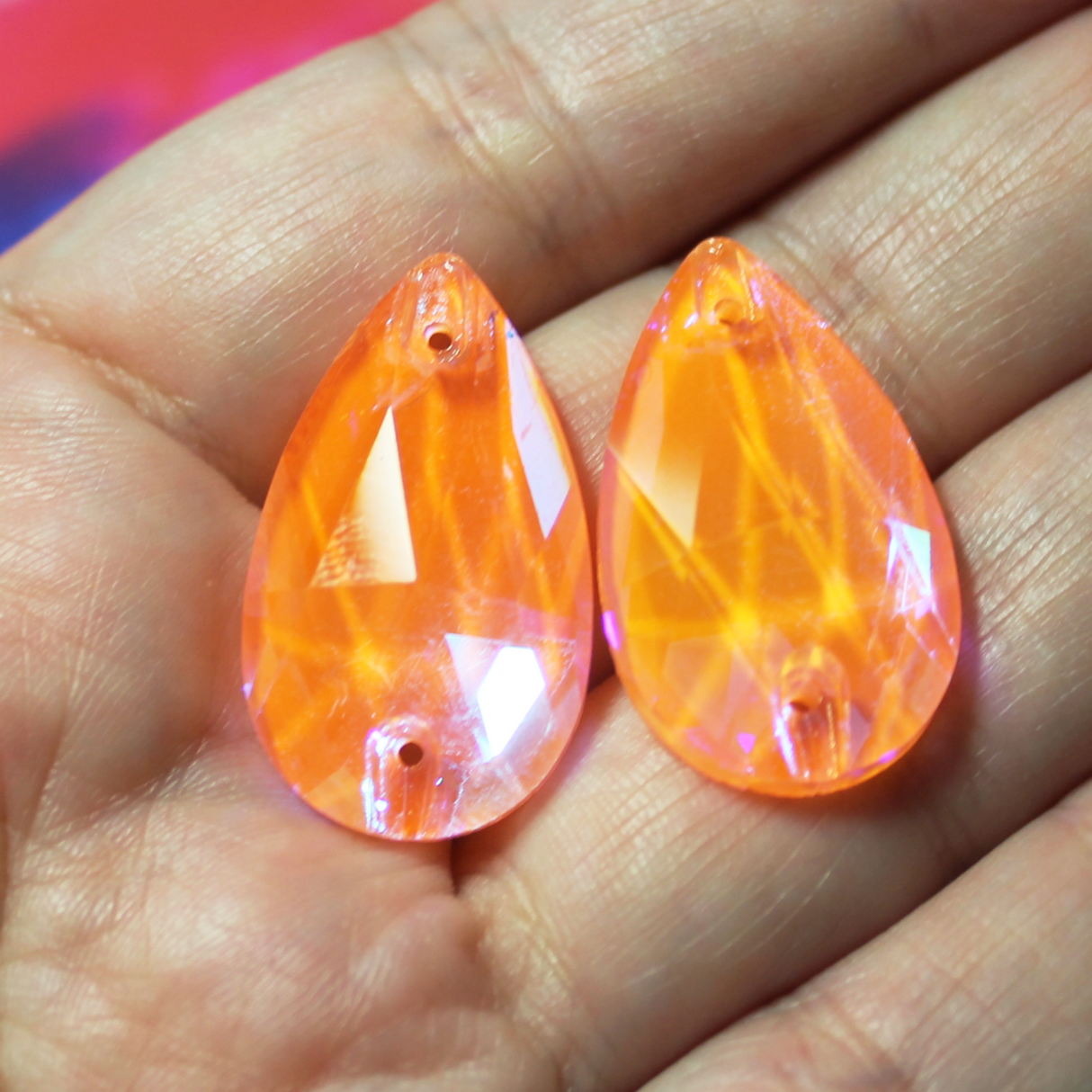 17x28mm  (1 pr) Neon/Black Light Sensitive Orange AB Glass Teardrop Rhinestones  - C247