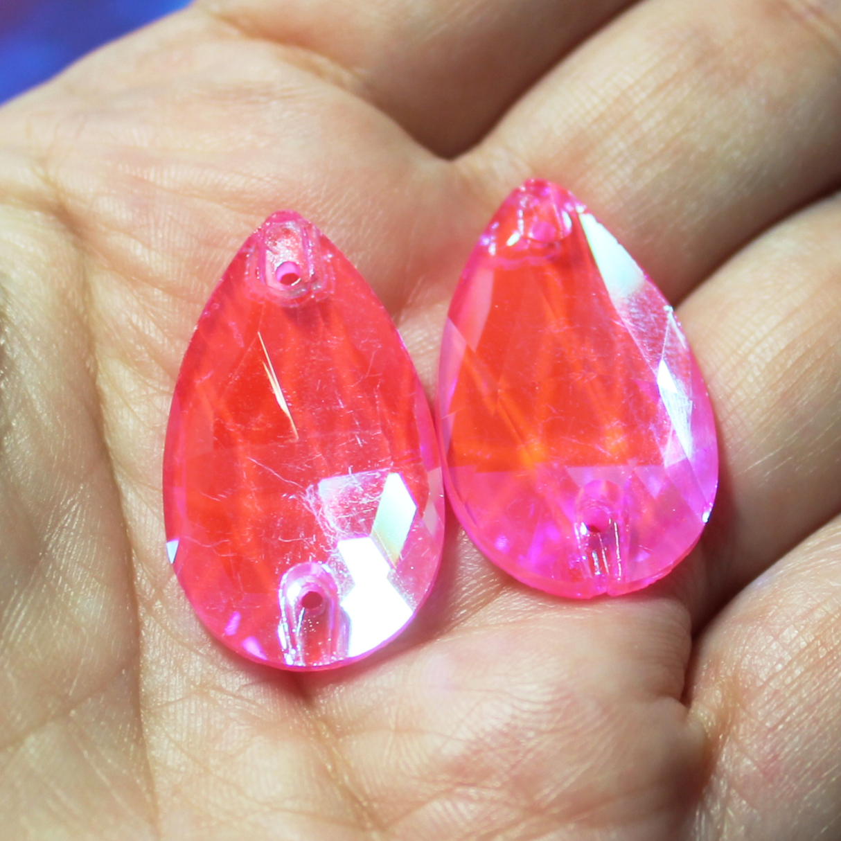 17x28mm  (1 pr) Neon/Black Light Sensitive Pink AB Glass Teardrop Rhinestones  - C248