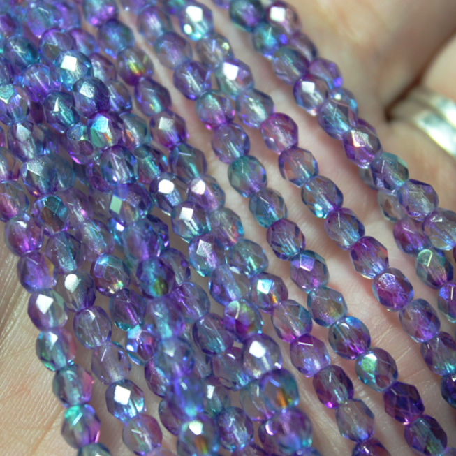 4mm Czech Fire Polished Transparent Dual Coated Purple/Blue AB - F460