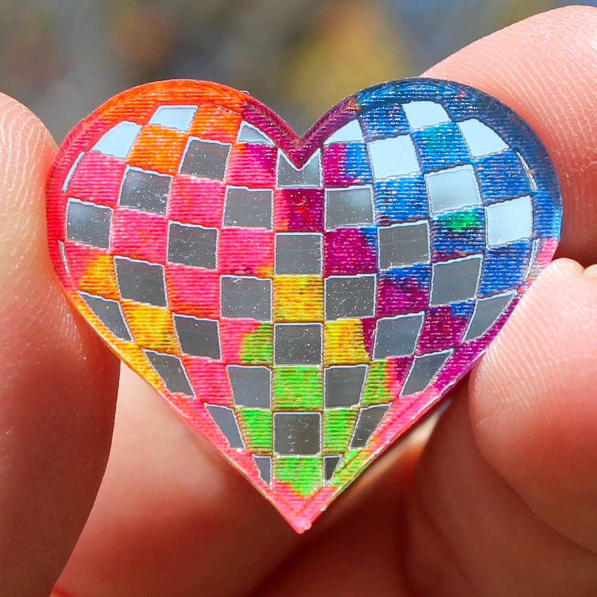 1" Neon Checkerboard Heart Mirror Cabochon - S20
