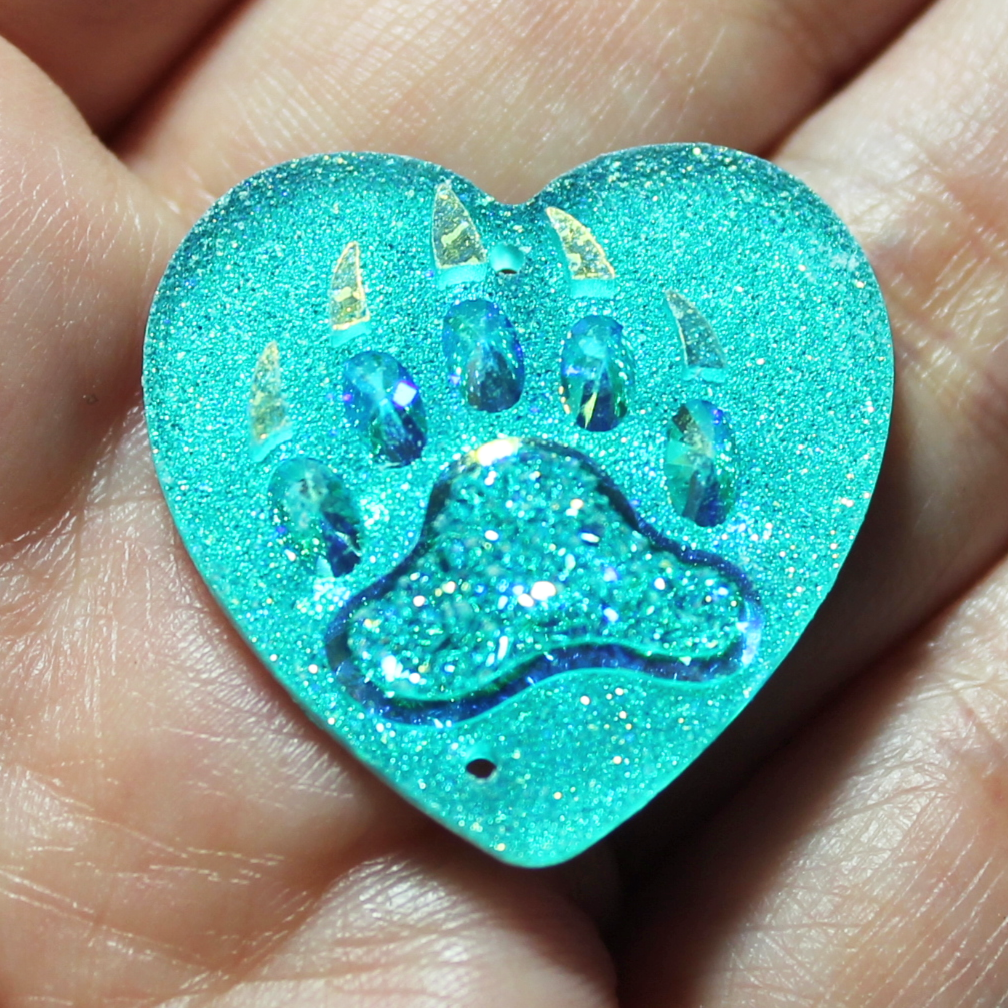 Turquoise AB Bear Paw heart Resin sew on Gems - S108