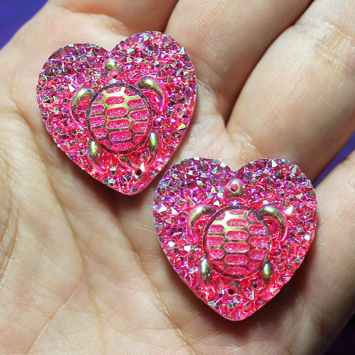 Fuchsia AB turtle heart Resin sew on Gems - S123