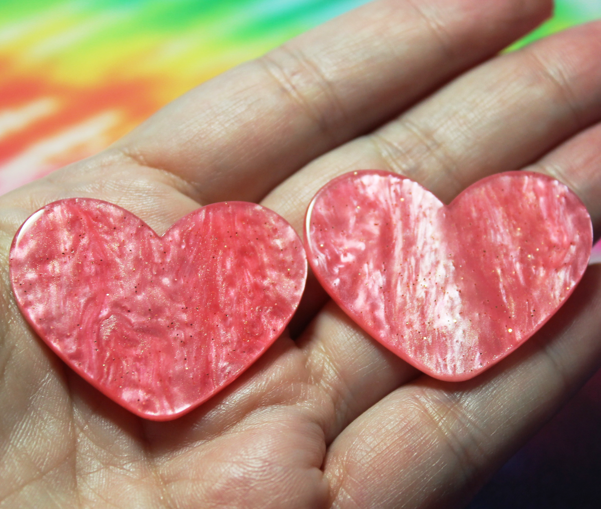 Rose Pink Glitter Pearl Heart Resin Slab - S21