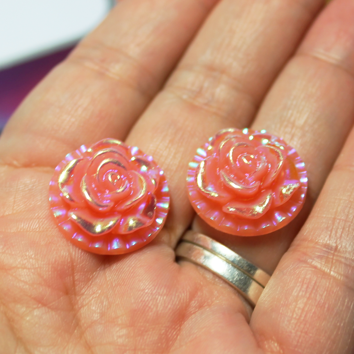 Peachy Pink Round 3D Rose Cabochon Gems - S81