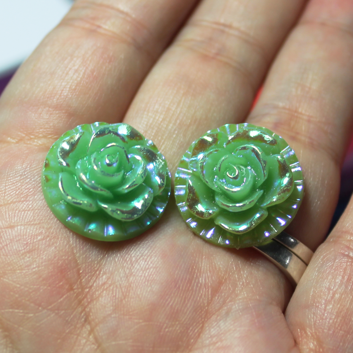 Green Round 3D Rose Cabochon Gems - S84