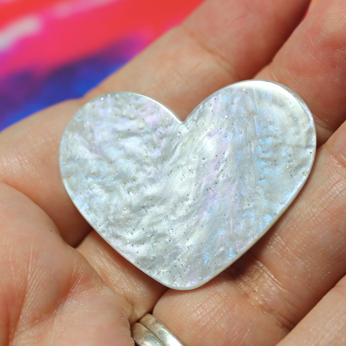 Silver Opal Glitter Pearl Heart Resin Slab - S85