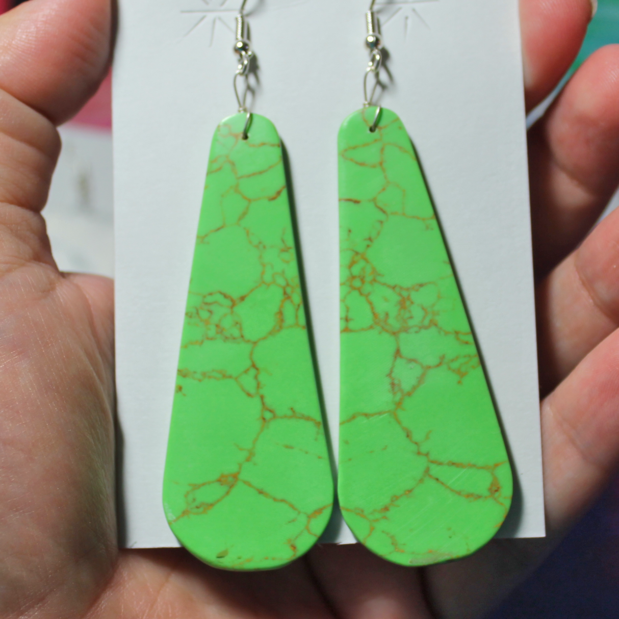 Synthetic Green Turquoise w/ Brown Matrix Slab Earrings - SD32