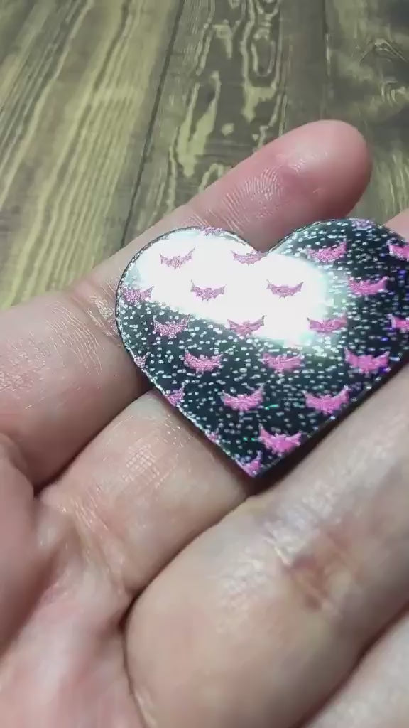 1" Batty For You - Black Holographic Heart Glitter Cabochons - S236