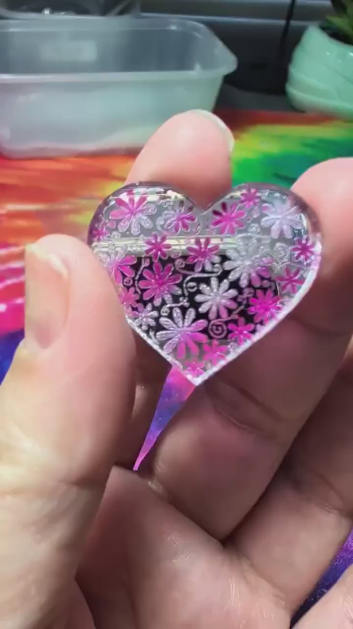 1" Pink Floral Heart Mirror Cabochon - S105