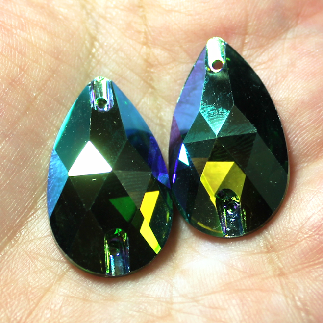 17x28mm  (1 pr) SuperShine Black Glass AB Teardrop Rhinestones  - C222