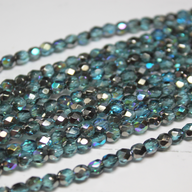 4mm Czech Fire Polished Round Aqua Graphite Rainbow - F404