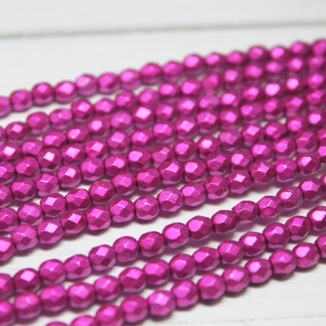 4mm Czech Shield Fire Polished Round Metallic Luster Hot Pink - F406