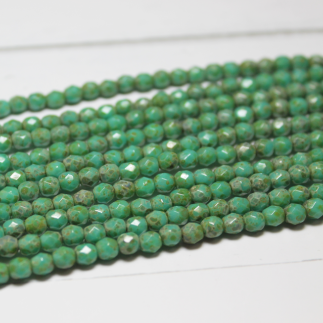 4mm Czech Fire Polished Round Turquoise Green Picasso - F413