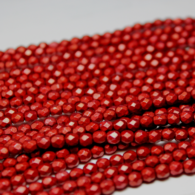 4mm Czech Shield Fire Polished Round Metallic Luster Lipstick Red - F427