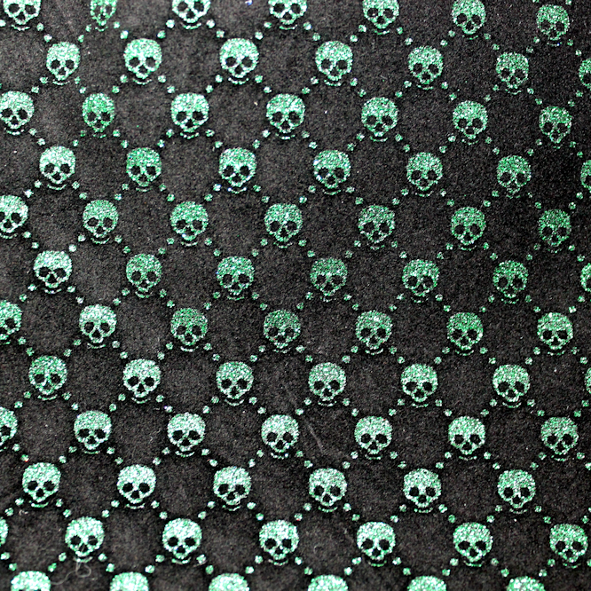 Faux Leather Velvet Sheet - Green on Black Skull Glitter - 100